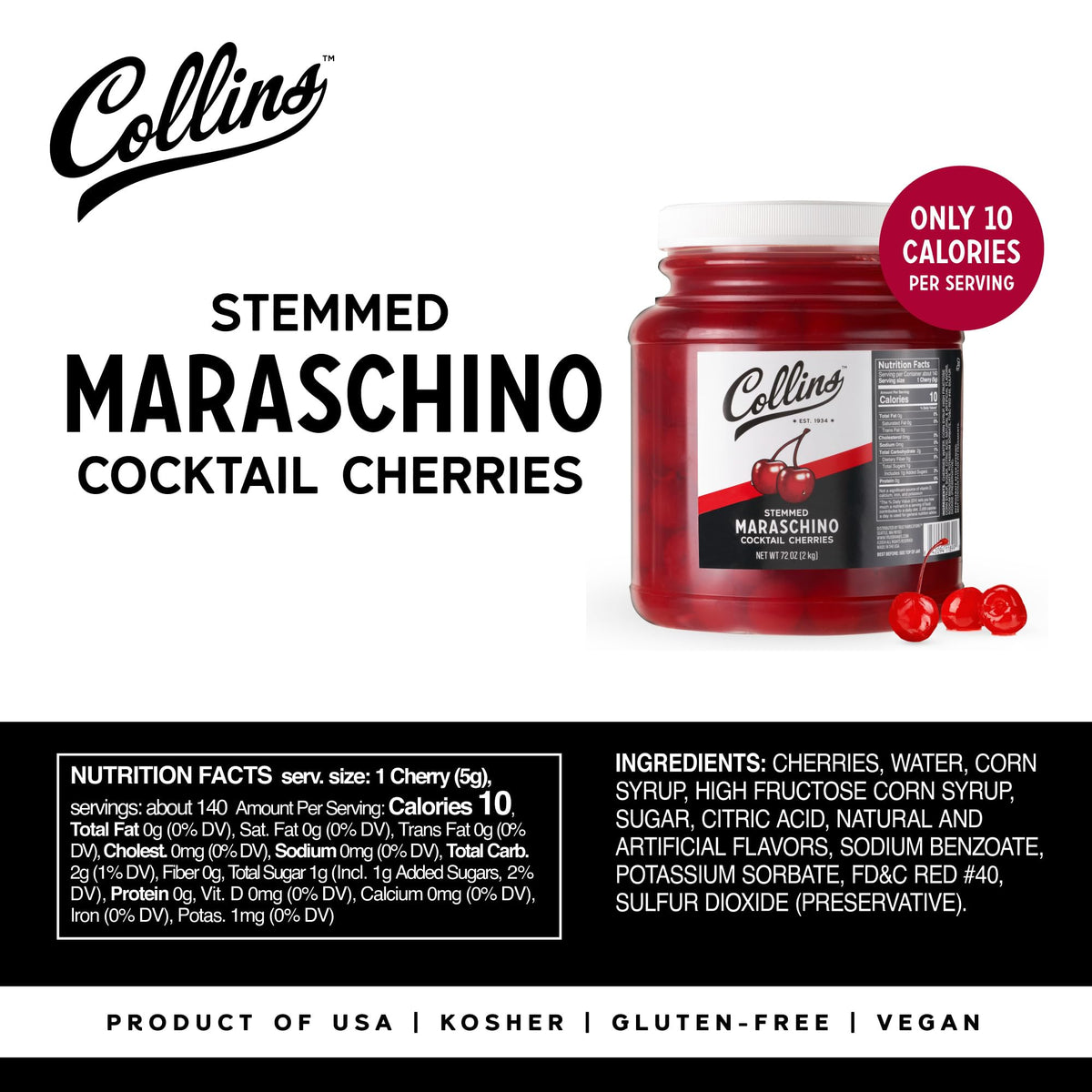 Collins Stemmed Maraschino Cocktail Cherries — 72 oz - image 4