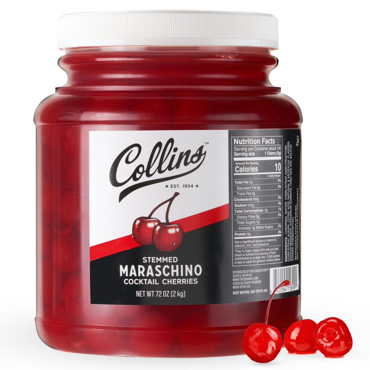 Collins Stemmed Maraschino Cocktail Cherries — 72 oz - image 1