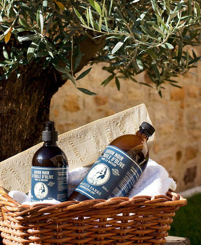 Marius Fabre olive oil black soap range in a basket – 1 L bottle pictured with the 500 mL pump