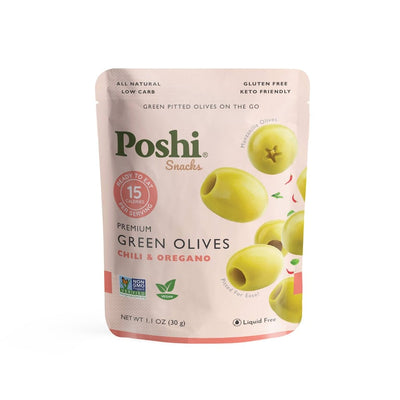 POSHI Pitted Green Olives with Chili & Oregano — 1.1 oz
