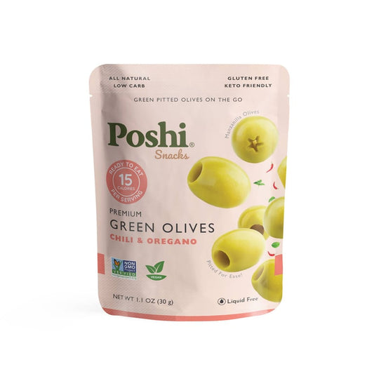 POSHI Pitted Green Olives with Chili & Oregano — 1.1 oz