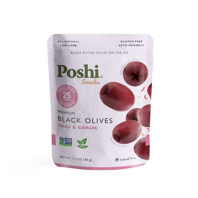POSHI Pitted Black Olives with Chili & Garlic — 1.1 oz