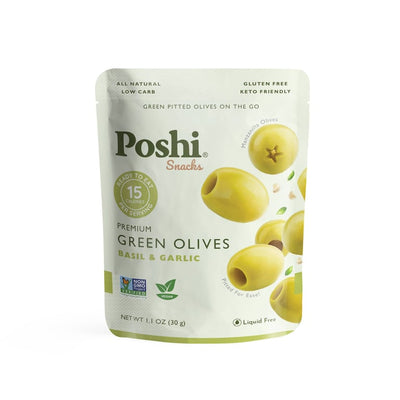POSHI Pitted Green Olives with Basil & Garlic — 1.1 oz