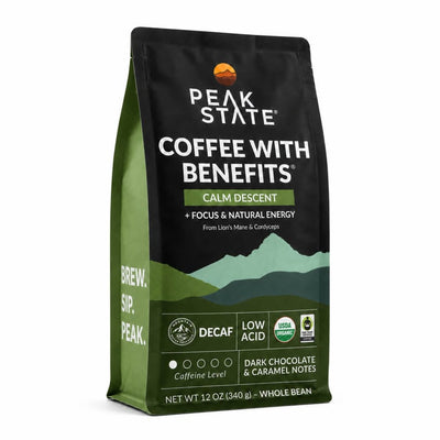Peak State – Calm Descent Decaf Whole Bean Mushroom Coffee – 12 oz (340 g)