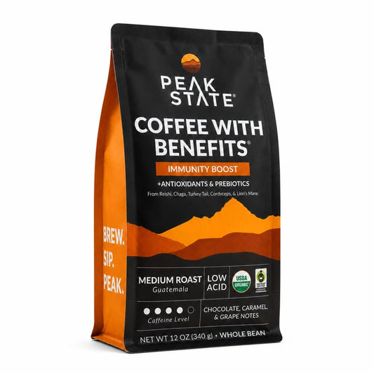 Peak State – Immunity Boost Medium Roast Whole Bean Mushroom Coffee – 12 oz (340 g)