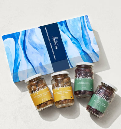 Kosterina Olives Gift Set — Greek Herb Kalamata & Coriander Pink Pepper Green Olives