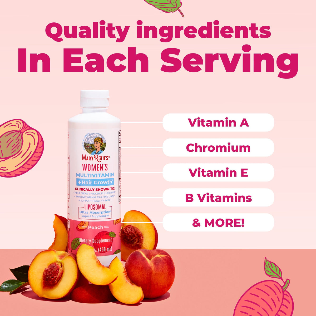 MaryRuth’s Women's Multivitamin + Hair Growth Liposomal — Peach, 15 fl oz — ingredients